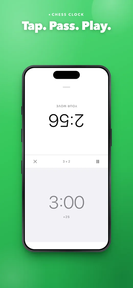 Tap. Pass. Play. — a game in progress, the opponent’s clock rotated to face them across the board.
