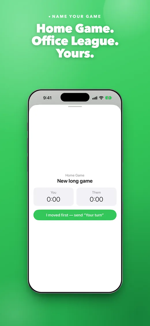 Home Game. Office League. Yours. — naming a new long game in Messages before sending the first “Your turn”.