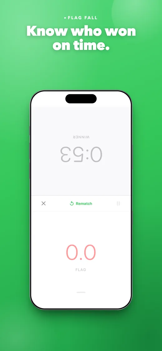 Know who won on time. — a finished game, one clock at zero marked Flag, the other marked Winner, with a Rematch button.